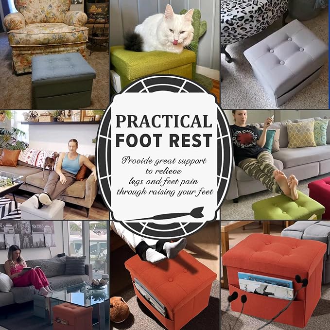 LINMAGCO Storage Ottoman Folding Foot Stool Foot Rest with Side Pocket Modern Ottoman with Storage Short Sofa Stool Linen Cloth 17x13x13(Brown)