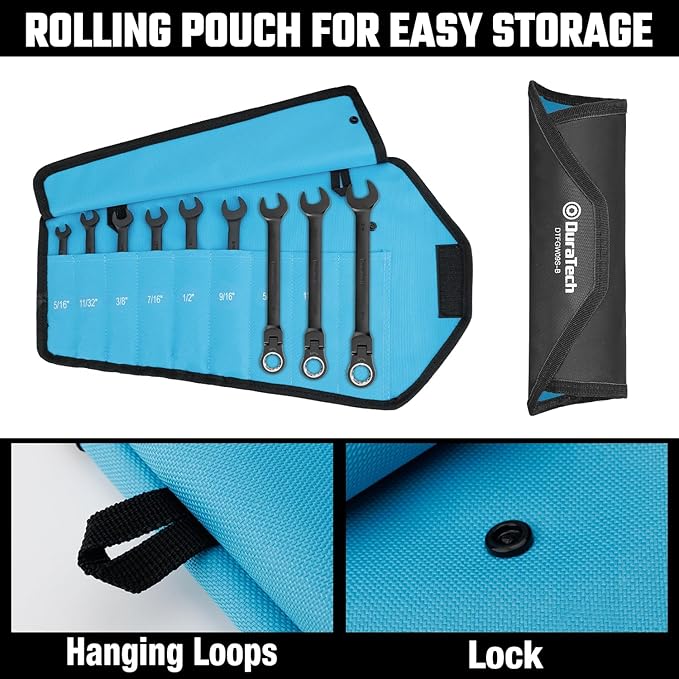 DURATECH 9-Piece Flex-Head Ratcheting Wrench Set, Combination Wrench Set, 72 Tooth, SAE, 5/16'' to 3/4'', Black Electrophoretic Coating, CR-V Steel, with Rolling Pouch