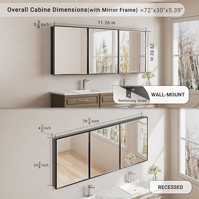 72x30 Matte Black Medicine Cabinet with Beveled Mirror, Surface or Recessed Bathroom Medicine Cabinet Mirror with Adjustable Shelves & 3 Door, Shatterproof Full-Assembled Storage Wall Cabinet