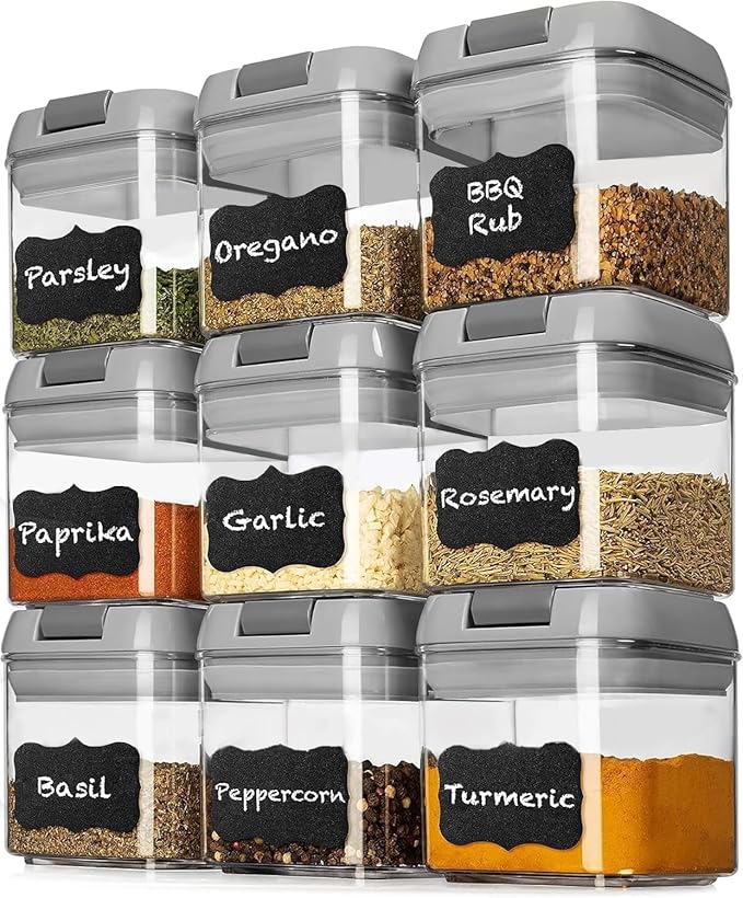 Shazo 9 PC Airtight Food Storage Containers - BPA Free Clear Plastic Snack & Spice Containers with Easy Lock Lids - Kitchen and Pantry Organization for Herbs, Coffee, Tea - 0.5L / 2.1 Cups