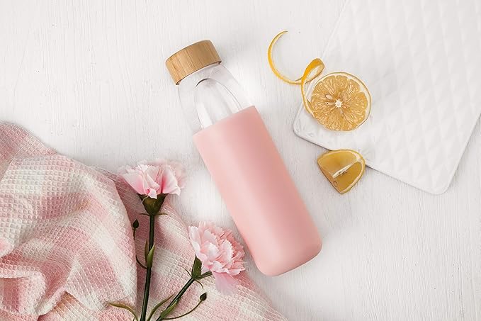 veegoal Glass Water Bottles 18 Oz Borosilicate with Bamboo Lid, BPA-FREE, Non-Slip Silicone Sleeve, and Stainless Steel Leak Proof Lid - Glass Water Bottle for Men and Women