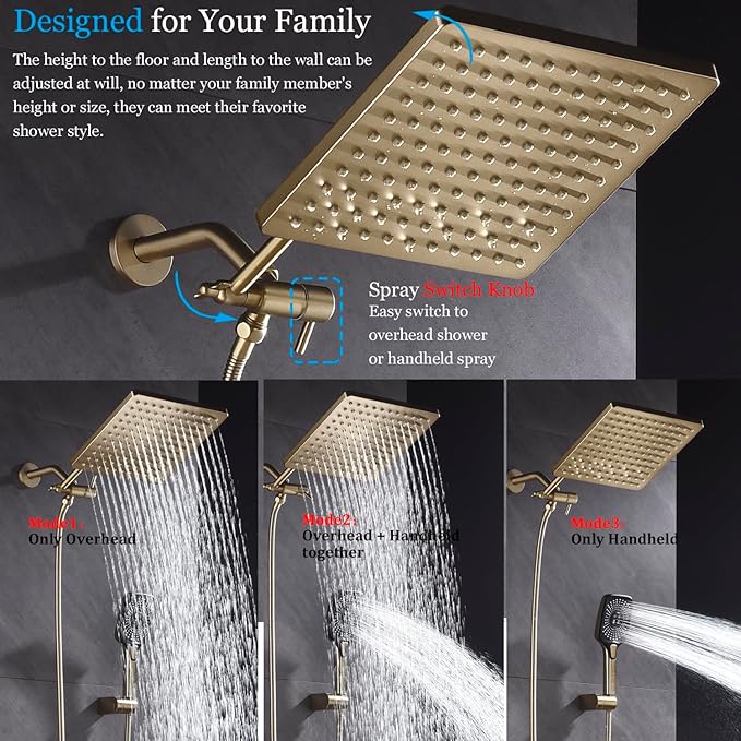 Shower Faucet Set Brushed Gold Rough-in Anti-Scald Pressure Balanced Valve Body Modern Luxury Wall Mounted 10 Inch Rain Mixer Shower System (Brushed Gold)