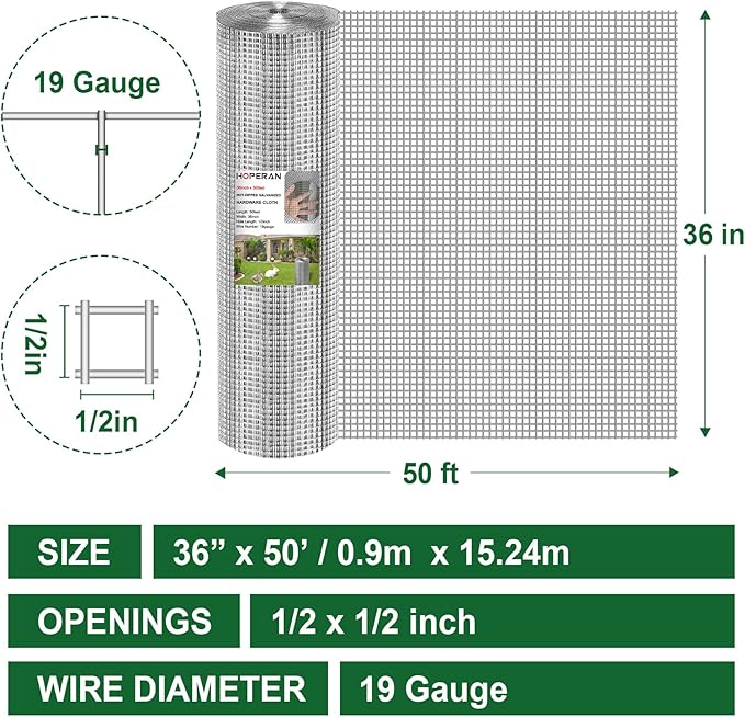 HOPERAN Hardware Cloth 1/2 Inch 36 x 50 ft - 19 Gauge Chicken Wire Fencing, Galvanized Wire Mesh Roll, Welded Wire Fence, Chicken Coop Wire Fence Gopher Wire Rabbit Wire Poultry Netting Cage