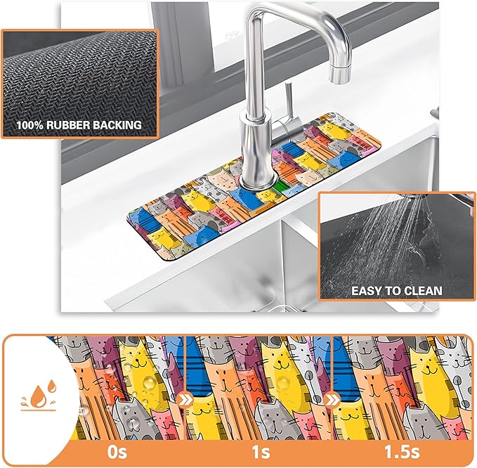Kitchen Sink Splash Guard Faucet Mat Funny Cats Family Sink Splash Guard Behind Faucet,1 PC Soft Diatom Mud Non-Slip Mat-for Kitchen,Sink Mat,Dish Drying Mat,Bathroom Faucet Mat 15.5"X5.5"