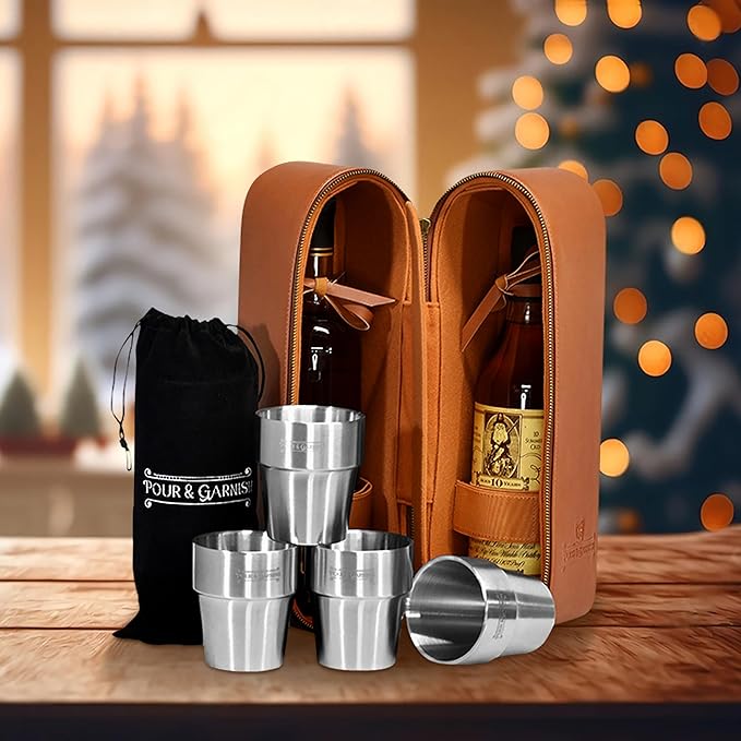 POUR & GARNISH Bourbon Whiskey & Wine Double Bottle Travel Bag with 4 Stainless Steel Double-Walled Vacuum Insulated Glasses - Makes a Great Gift!