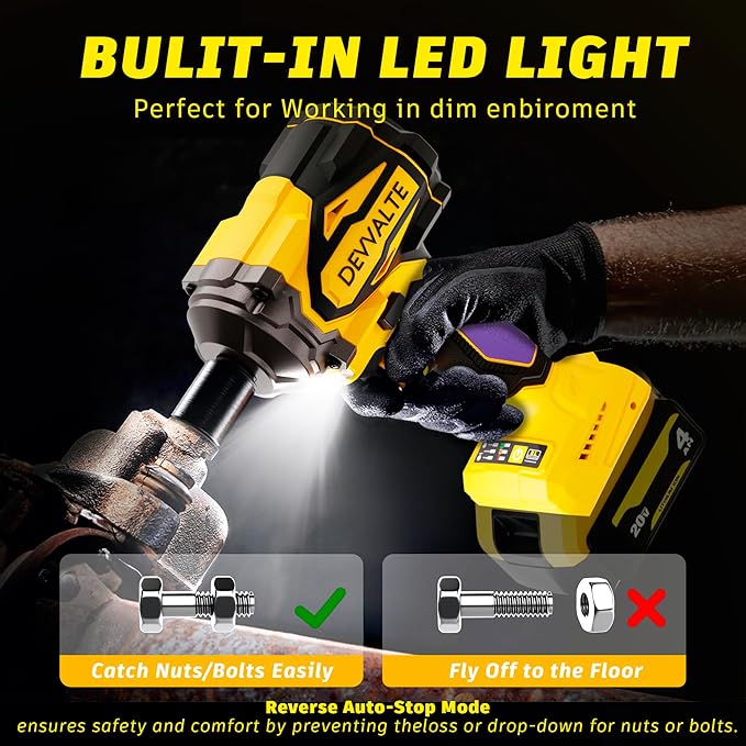 Cordless Impact Wrench for DeWalt 20V Battery,1/2 inch Power Impact Wrench, Brushless Electric Impact Gun 665Ft-lbs(900N.m) High Torque Impact Driver with 3-Mode, LED Work Light(No Battery)
