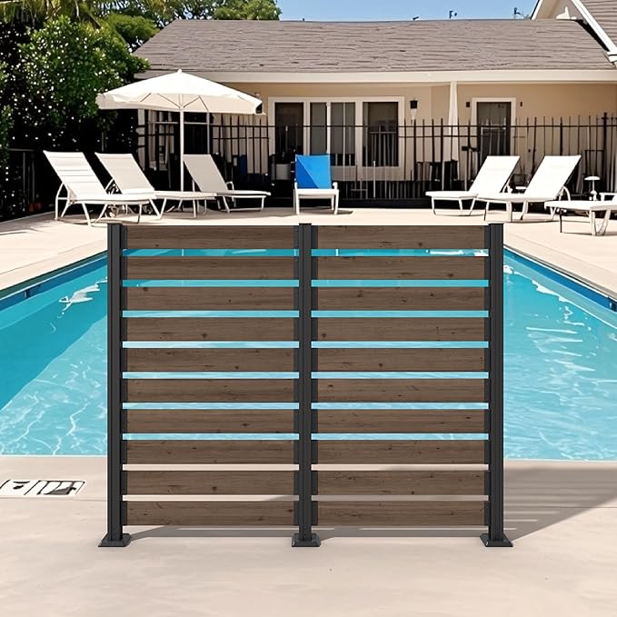 MUPATER 5FT×6.5FT No-Dig Wood Privacy Screen,Versatile Outdoor Screen for Hard Surfaces & Soil,Dual Setup Modes,Sturdy Aluminum Post,Decorative Fence Panel, Air Conditioner Enclosure, Brown (2 Panels)