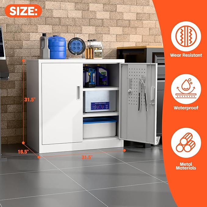 Metal Storage Cabinets with Pegboards and Hooks, 31.5" H Metal Garage Cabinets with Locking Doors and 2 Adjustable Shelves for Home,Office,Garage,School,Assembly Required,White