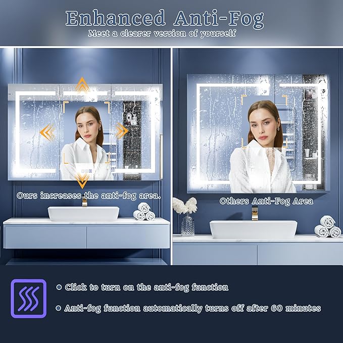 ExBrite LED Lighted Bathroom Medicine Cabinet with Mirror, 48 x 30 Inch, Recessed or Surface Mount, Anti-Fog, Stepless Dimming, Color Temperature Change, Built-in 6000K Sensor Light, Storage Shelves