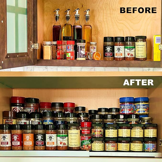 3 Tier Expandable Spice Rack Organizer, White/Grey Plastic Spice Rack, Adjustable Length 14.6In-25.8In, 2 Pack Non-Skid Tiered Spice Shelf Organizer for Kitchen Cabinet, Cupboard, Pantry