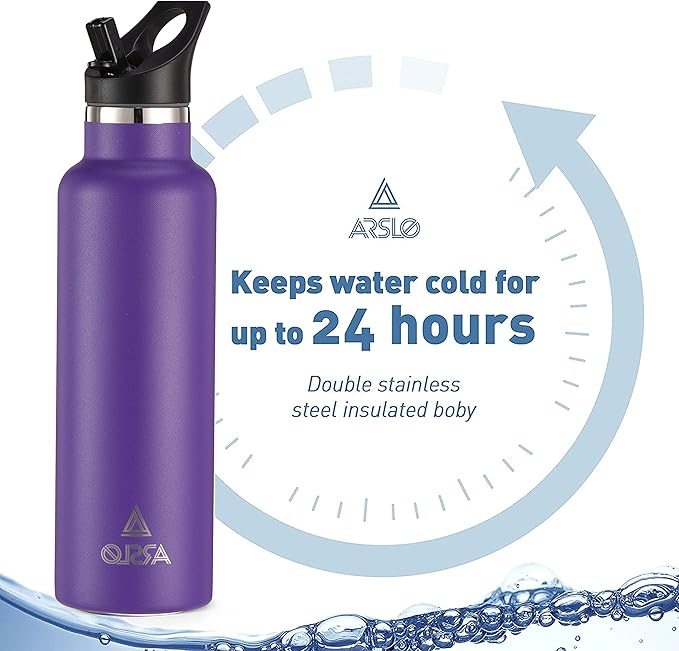 Stainless Steel Double Wall Water Bottles 20oz, Vacuum Insulated Bottle With Straw Lid, Insulated Water Bottle Keeps Water Cold for 24 Hours, Hot for 12 Hours, Hiking, Sports