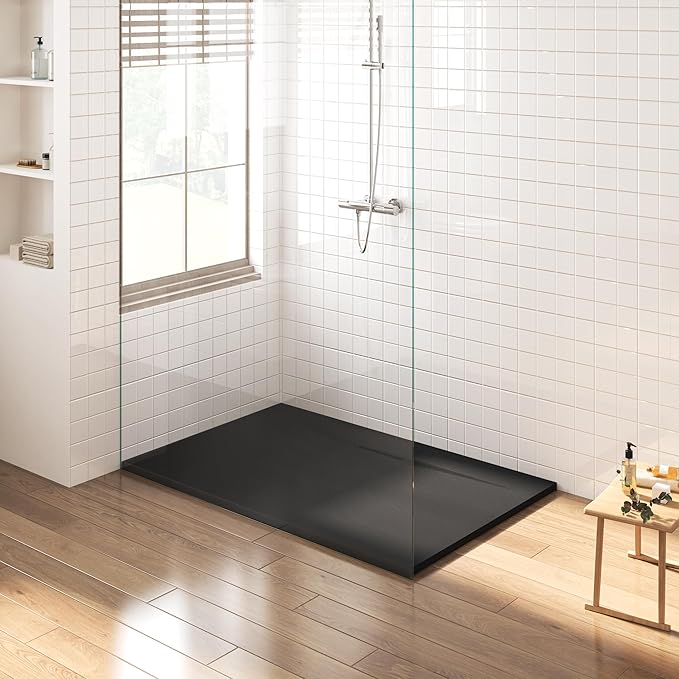FerdY 47.2"x35.4" Low Threshold Shower Base, Non-Slip SMC Slate Stone Surface Shower Pan with SMC Drain Cover and 3-Sided Aluminum Waterproof Strip, Black