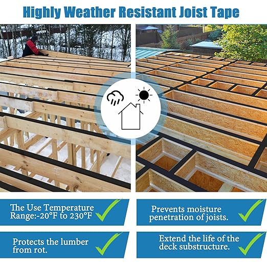 Deck Joist Tape 2''×50',4 Pack Weather-Resistant Joist Tape for Decking,Waterproof Seal Antiseptic Butyl Decking Tape,Self-Adhesive Flashing JoistsTape for Wood Decks Beams Roof