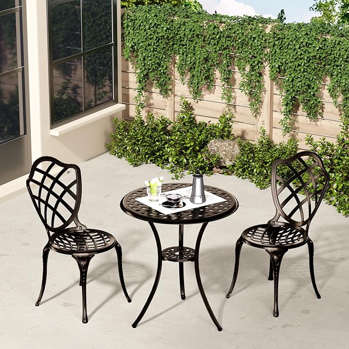 3 Piece Patio Bistro Set, Outdoor Bistro Table and Chairs Set of 2 w/Umbrella Hole, Rust-Resistant Cast Aluminum Bistro Set for Garden/Balcony/Backyard, Bronze