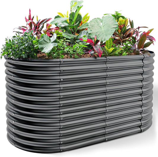 Land Guard 6x3x3ft Oval Galvanized Raised Garden Beds, Large-Capacity Metal Planter Box Outdoor, Durable Deep Raised Garden Bed 3ft Tall, Raised Beds for Gardening Vegetables, Modern Gray