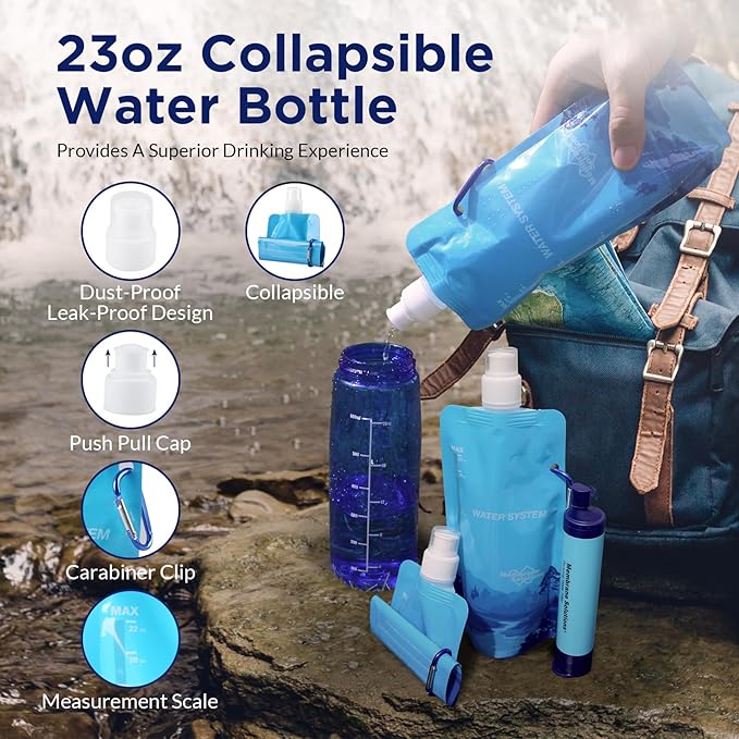 Membrane Solutions 23oz Collapsible Water Bottle for Water Filter Straw, Reusable Water Pouch with Carabiner and Measurement, Foldable Water Container Bag for Hiking Camping Travel Emergency