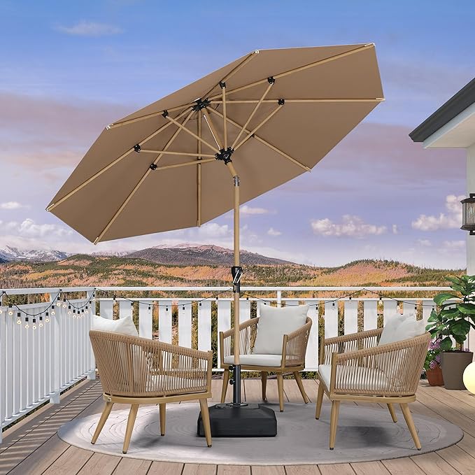 PURPLE LEAF 10 Feet Patio Umbrella Outdoor Table Umbrella Aluminum Round Market Umbrella with Push Button Tilt & 8 Sturdy Ribs and Crank Commercial Sun Umbrella for Garden Patio Balcony, Taupe