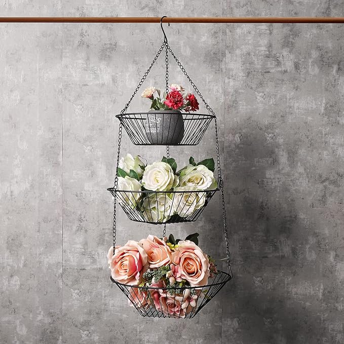 3-Tier Wire Fruit Hanging Basket 2 Packs, non-Punching Wall Hanging Storage, Kitchen Bathroom Organization Basket, Suitable for Bathroom, Kitchen, Closet, Garden, Chrome