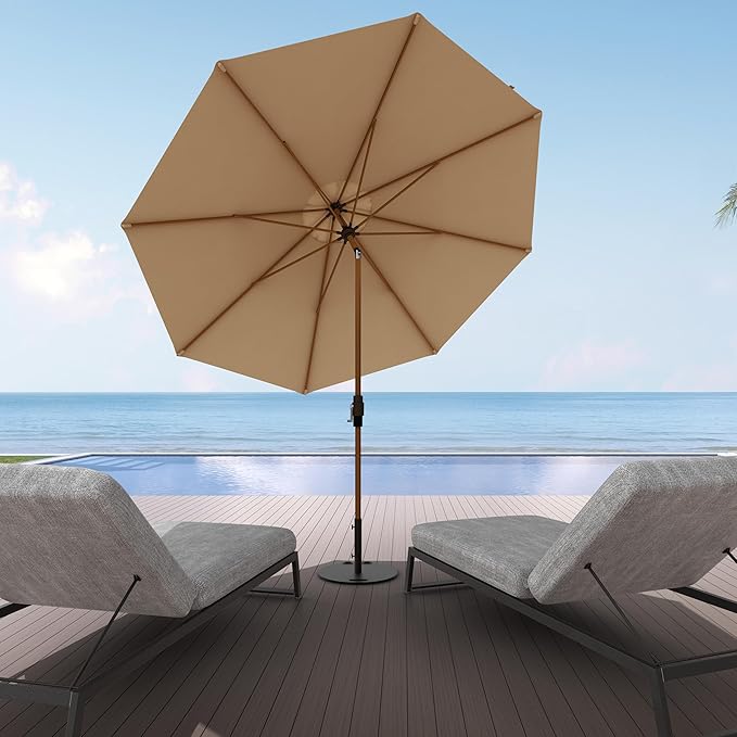 Midtown Umbrellas Sunbrella Umbrella Outdoor Patio Umbrella 2-8 Feet in Heather Tan Acrylic Fabric - Auto-Tilt Aluminum Frame For Backyard Umbrella, Deck Umbrella & Porch Umbrella - Wooden Pole