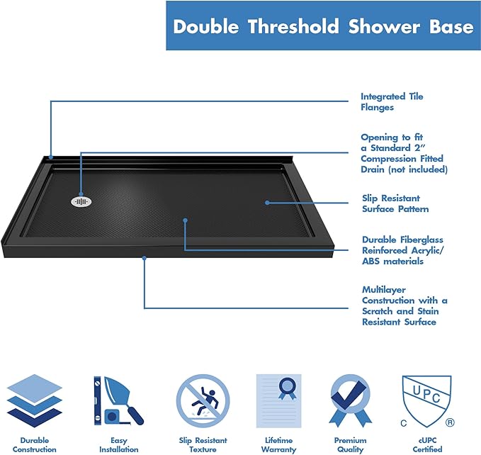 DreamLine SlimLine 36 in. D x 54 in. W x 2 3/4 in. H Left Drain Double Threshold Shower Base in Black, DLT-1036541-88