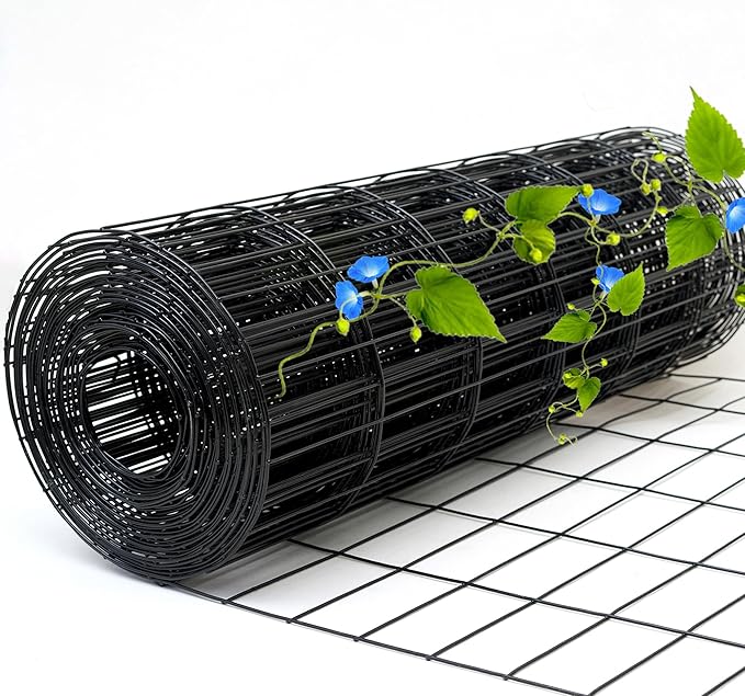 Black Metal Garden Fence, 48inch(H) x 100ft(L), 2 inch x 4 inch,12.5GA 2/3/4/5/6 Ft Tall Chicken Wire PVC Coated Welded Wire Mesh Roll for Dogs Border Yard Vegetable Plant Protection Poultry Netting
