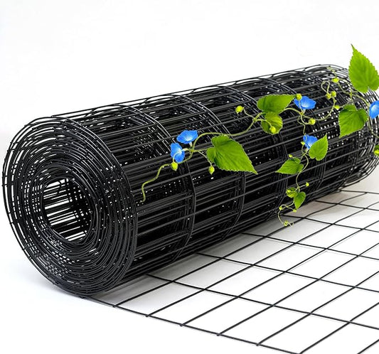 Black Metal Garden Fence, 48inch(H) x 100ft(L), 2 inch x 4 inch,12.5GA 2/3/4/5/6 Ft Tall Chicken Wire PVC Coated Welded Wire Mesh Roll for Dogs Border Yard Vegetable Plant Protection Poultry Netting