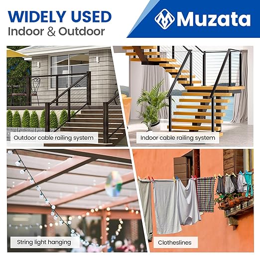 Muzata 400 ft 1/8" Black Stainless Steel Cable Railing System Hardware T316 Stainless Steel Wire Rope 7x7 Strands 1800 lb Breaking Strength Black Cable Railing Kit for Indoor Outdoor WR19