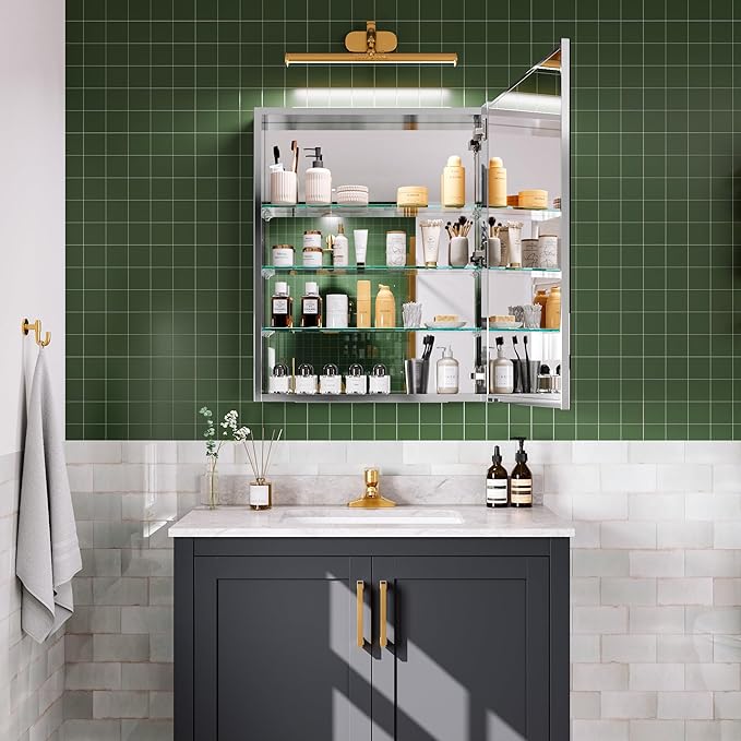 24''×30'' Bathroom Storage Cabinet with Mirror Door, Medicine Cabinet for Bathroom, Recessed/Surface Mount, Blum Hinge Soft Close Door, Right Swing