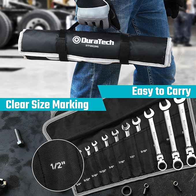 DURATECH Flex Head Ratcheting Wrench Set, Combination Wrench Set, 22-piece, Metric & SAE, 1/4" to 3/4" & 6-18mm, CR-V Steel, Mirror Polished, with Pouch