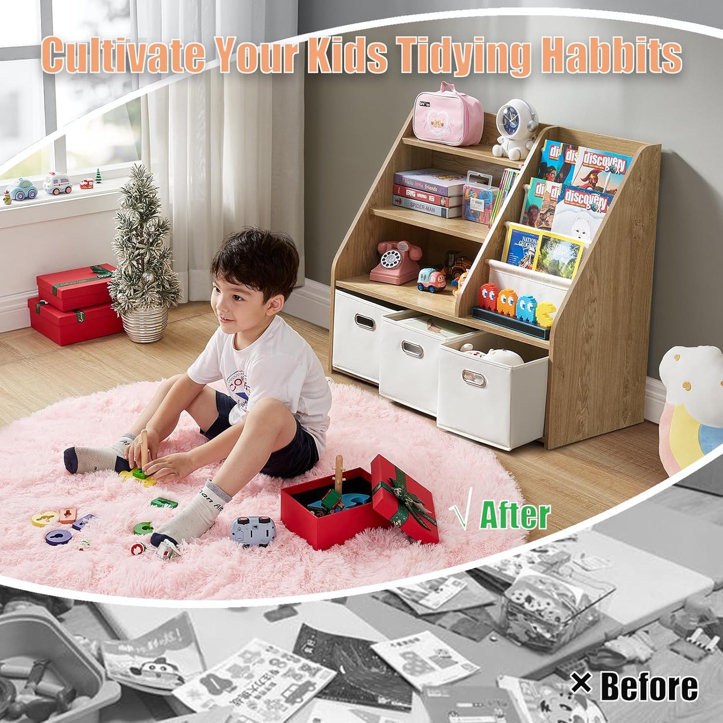 Kids Bookshelf and Toy Storage Organizer, Montessori Nursery Book Shelves with 3 Tier Sling Rack & Fabric Toy Bins, Children Toddler Baby Bookshelf, Wooden Toy Shelf for Kids Room Playroom