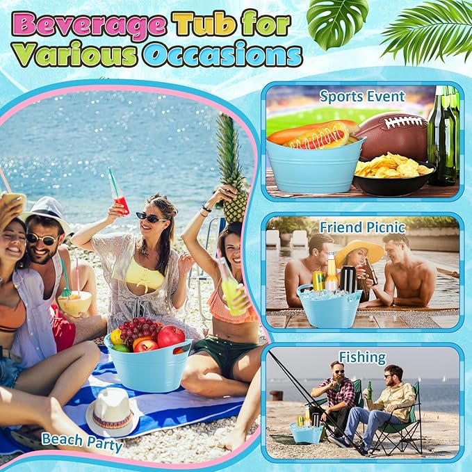 Norme 24 Pcs Oval Storage Tub with Handles, 4.5L Plastic Ice Bucket Wine Beer Champagne Bottle Drink Cooler Tub for Parties Beverage, Storage Basket (Sky Blue)