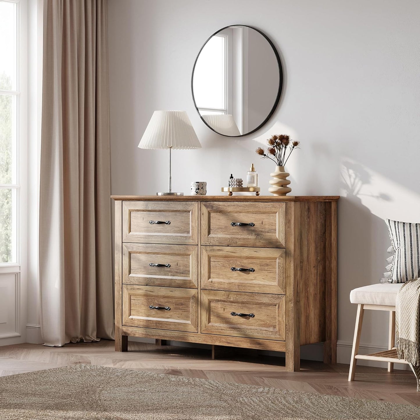 LINSY HOME 6 Drawer Double Dresser for Bedroom, Modern Farmhouse Wide Chest of Drawers, Dressers Organizer for Living Room, Closet, Hallway, Rustic Brown