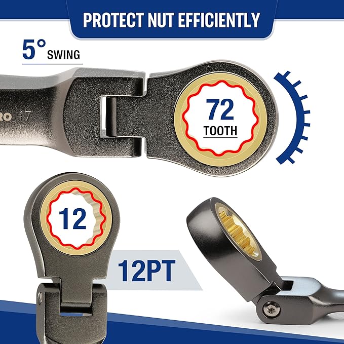 WORKPRO 8 Piece Flex Head Stubby Ratcheting Combination Wrench Set, Metric 9-17 mm, 72-Teeth, CRV, Nickel Plating with Rolling Pouch