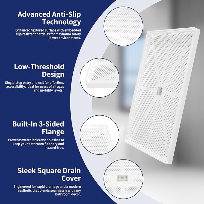 60"×36" Shower Base with Central Drain - Heavy-Duty Solid Surface Construction, 3" Barrier-Free Threshold & Slip-Resistant Textured Floor