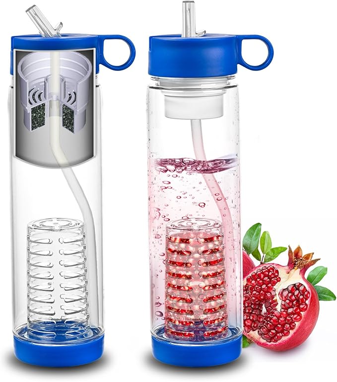Filter Water Bottle - Fruit Infuser - Best Personal Outdoor Drink - Sports, Hiking, Camping, Fishing & Beach - A Must Survival Cooling, Travel, Backpack Accessories - Clear Bottles with Straw Purifier