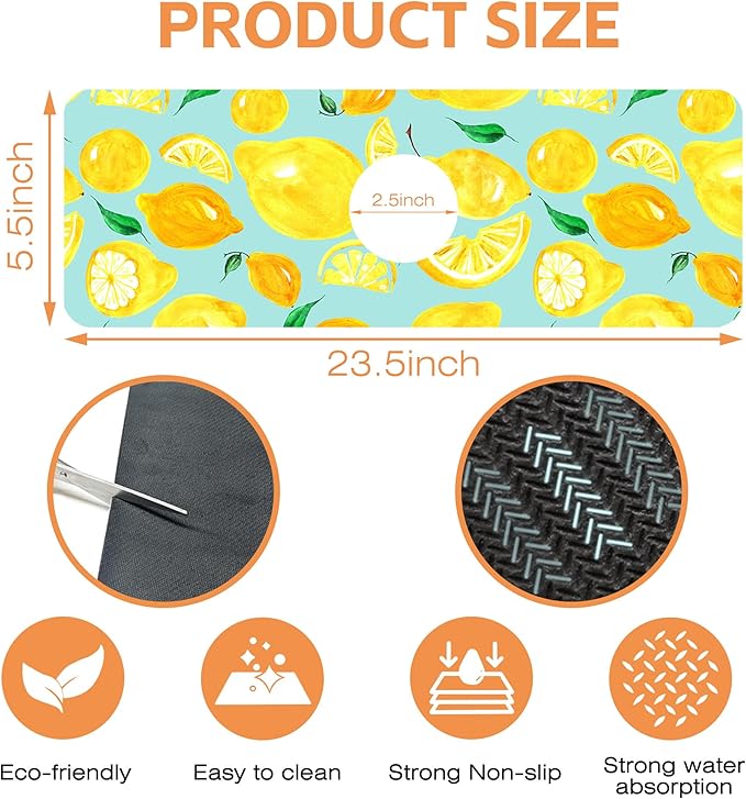 Kitchen Sink Splash Guard Faucet Mat Watercolor Lemon Citrus Sink Splash Guard Behind Faucet,1 PC Soft Diatom Mud Non-Slip Mat-for Kitchen,Dish Drying Mat,Bathroom Faucet Mat 15.5""X5.5""