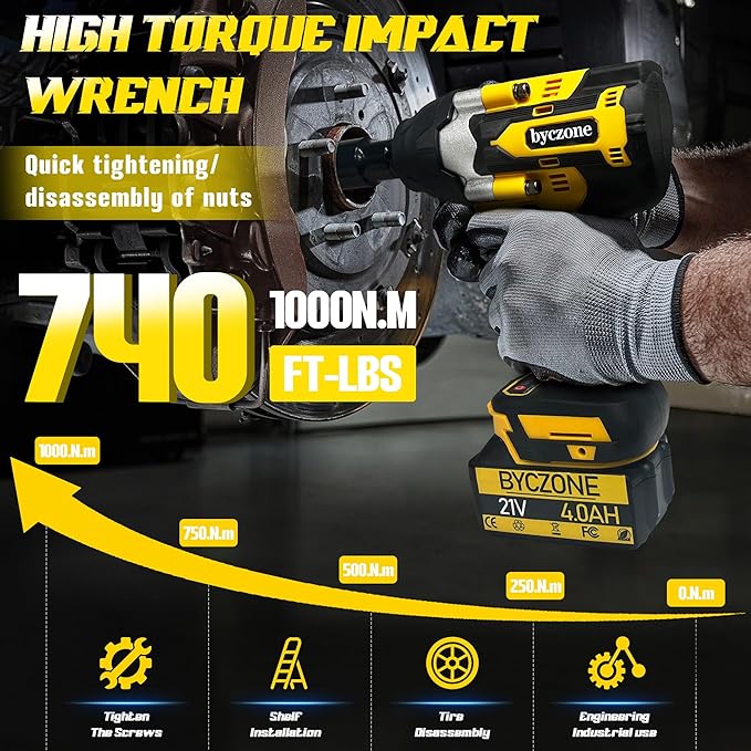 1000N.m(740Ft-lbs) Cordless Impact Wrench, 1/2 Inch High Torque Brushless 21V Impact Gun w/ 2 x 4.0Ah Battery & Fast Charger & 6 Sockets, Pistola De Impacto for Home Car Tires Truck Mower
