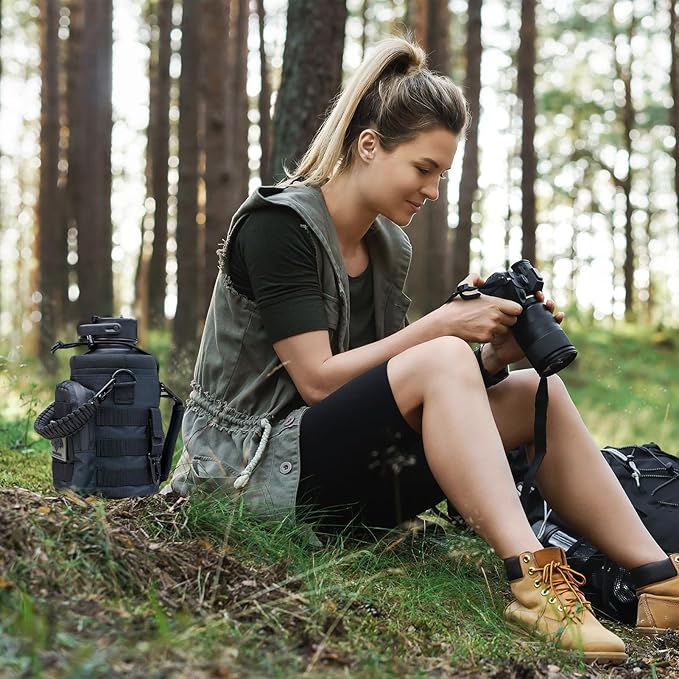 NATURE PIONEOR Tactical Water Bottle with Carrying Molle Sleeve, Stainless Steel 18/8 Food Grade Half Gallon Jug