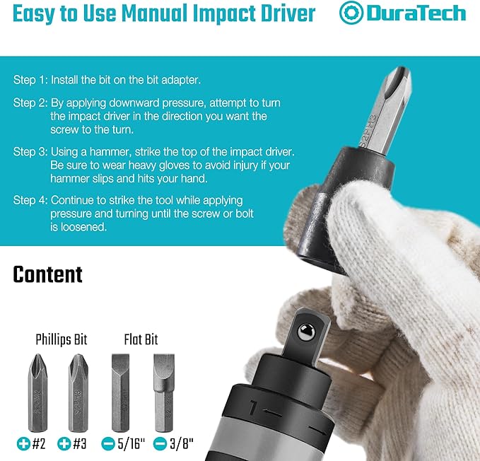DURATECH 3/8 Inch Drive Manual Impact Driver, Reversible Hand Screwdriver Set, with S2 Steel Bits, 5-Piece, for Tighten/Rusted Fasteners, Organized in Storage Case