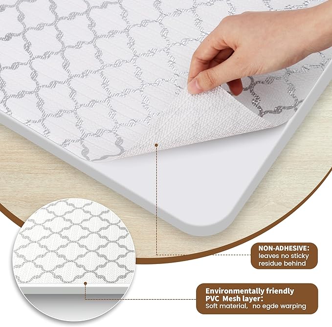 Drawer and Shelf Liner Non Adhesive, Non Slip Kitchen Cabinet Liner, 15 in X 15 FT Waterproof Strong Grip Thick Washable Mat for Cupboard Bathroom Cabinets Shelves Dresser Pantry, White/Elegant Gray