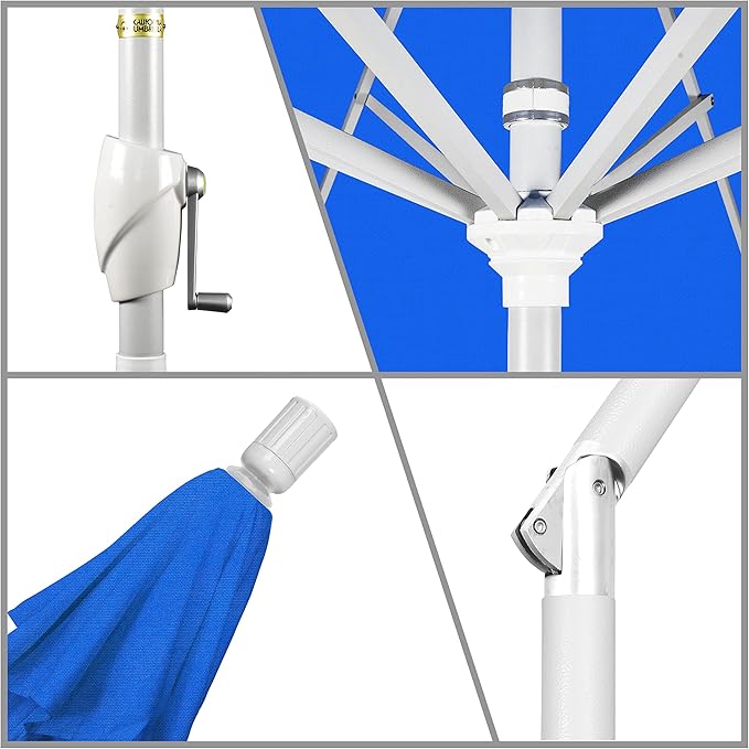 California Umbrella 7.5' Round Aluminum Market Umbrella, Crank Lift, Push Button Tilt, White Pole, Royal Blue Olefin