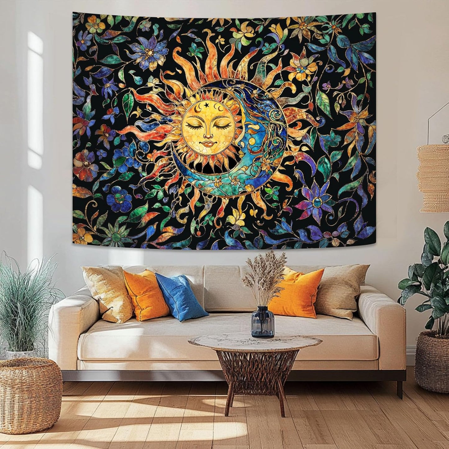 Aipon Sun and Moon Tapestry for Bedroom Boho Hippie Floral Wall Tapestry Aesthetic Vintage Stained Glass Plant Small Tapestries Wall Hanging for Living Room Dorm 60 x 44 Inch