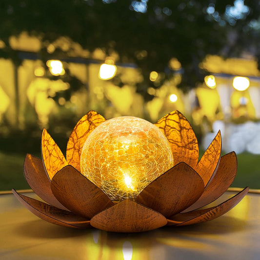 Solar Light Outdoor(2Pack), Art Crackle Globe Glass Lotus Decoration, Solar LED Waterproof Metal Flower Lights for Patio,Lawn,Walkway,Tabletop