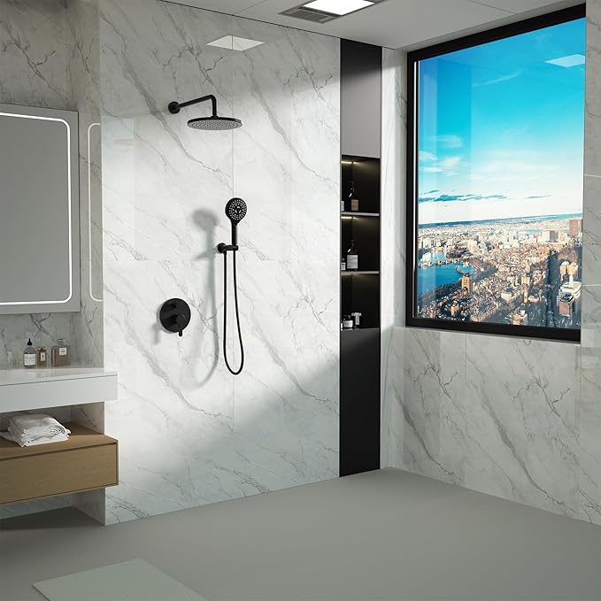 Matte Black Shower Faucet Set, Wall Mount Rain Shower System 10 Inches Shower Head and Shower Handheld, Included Pressure Balance Valve and Trim Kit
