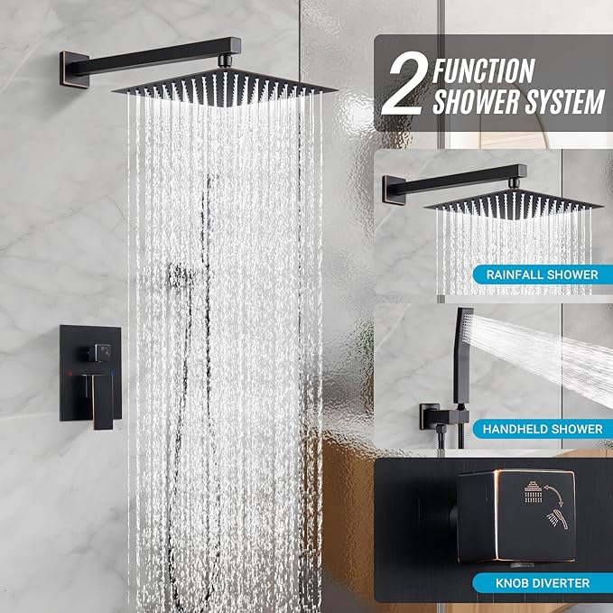 Shower Faucet Set, Wall Mount 10 Inch Round Rainfall Shower Head and Handle Set Single Handle Shower System Set with Female Threads Valve Body and Trim Included (Oil Rubbed Bronze)