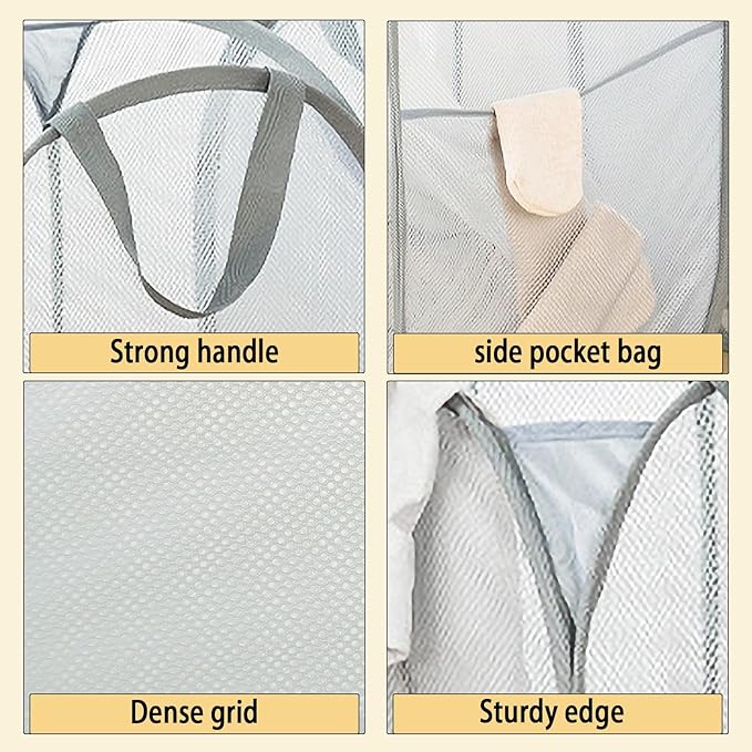 Collapsible Mesh Laundry Basket，Pop Up Laundry Hamper-Easy Storage, Ideal for Home and Travel Use (2 light gray)