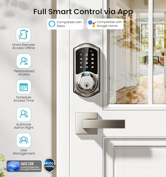 Veise VE07-L Fingerprint Smart Locks for Front Door with Zinc Alloy Handle Set, App Control, Keyless Entry, Electronic Digital Keypad Deadbolt, Auto Lock, Waterproof, Easy to Install, Matte Black