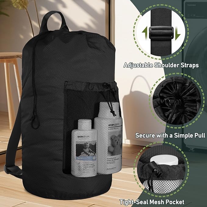 Laundry Bag Backpack, Large Travel Laundry Bags with Shoulder Straps & Mesh Pocket Durable Polyster Clothes Hamper Bag for College Laundromat Apartment (Black, Large)