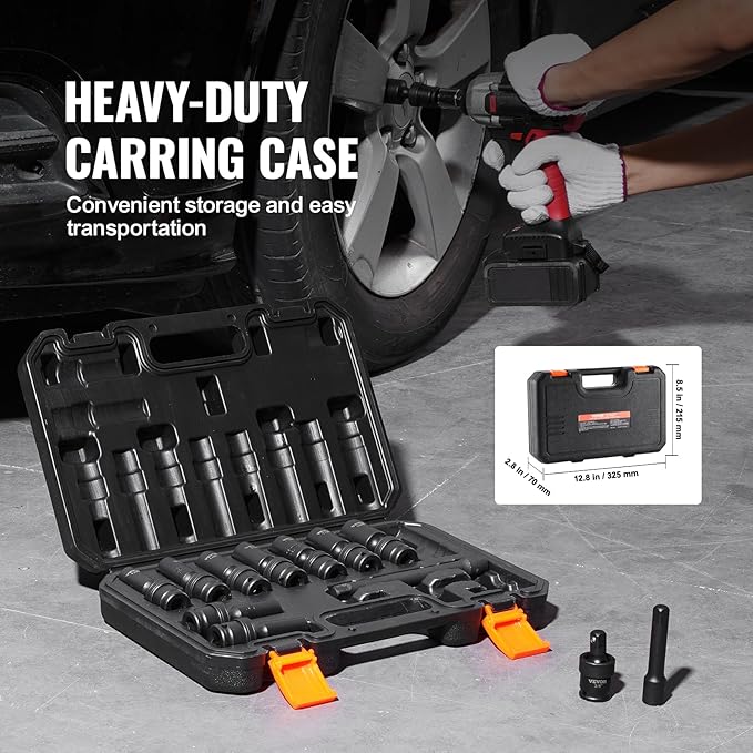 VEVOR 14PCS Universal Impact Socket Set - 3/8" Drive Deep Metric 10-19mm 6 Point - Swivel Socket with Flexible Wobble, CR-MO, Metric, Storage Case