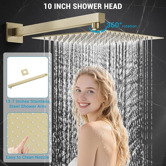 Shower Faucet set with Shower head, Wall Mount 10 Inch Round Rainfall Shower Head and Handle Set Single Handle Shower System Set with Female Threads Valve Body and Trim Included (Brush Gold)
